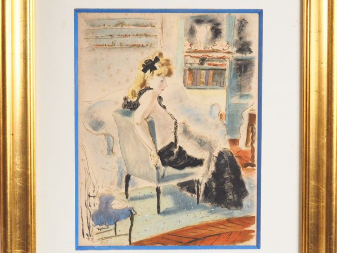 André DIGNIMONT. "Elegante et son chat". Aquarelle, signée en bas à ga