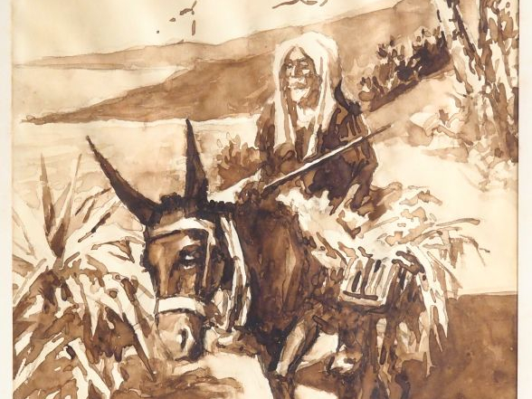 Arthur FOÄCHE. "Viel arabe sur son âne". Lavis, signé en bas à droite.