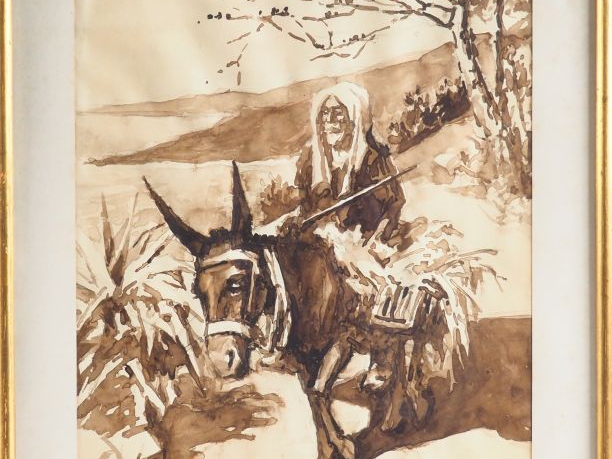 Arthur FOÄCHE. "Viel arabe sur son âne". Lavis, signé en bas à droite.