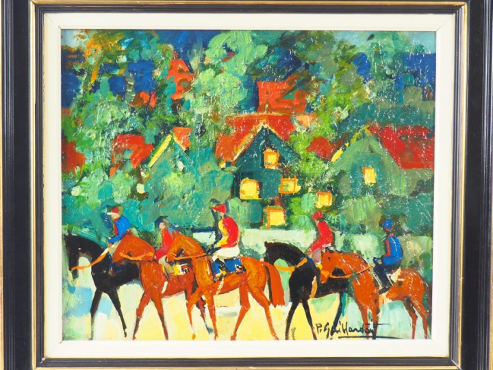 Pierre GAILLARDOT.  "Course de chevaux". Huile sur toile, signée en ba