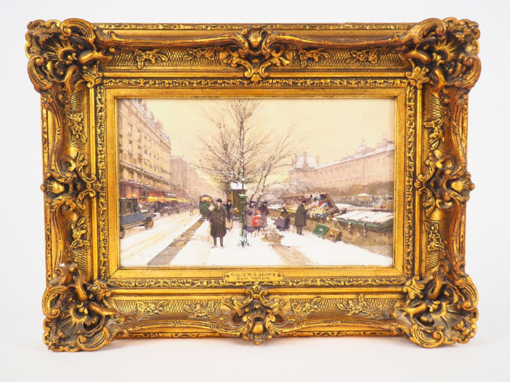 Eugène GALIEN-LALOUE. "Quai Voltaire". Aquarelle gouachée sur papier, 