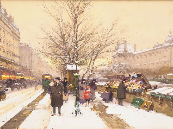 Eugène GALIEN-LALOUE. "Quai Voltaire". Aquarelle gouachée sur papier, 