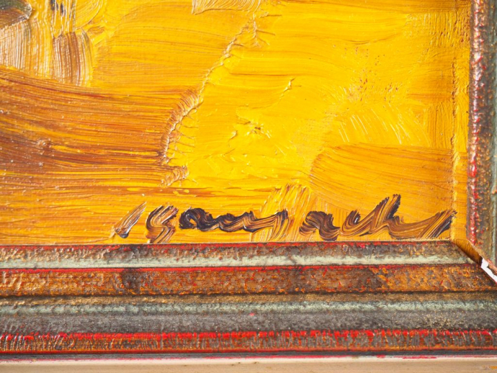 Josep GAUSACHS. "Personnages dans une ruelle d'Eivissa". Huile sur toi