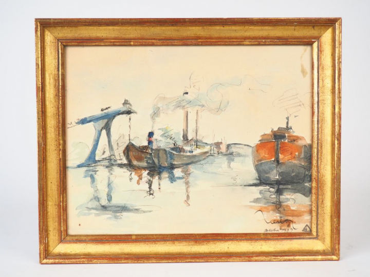 Fernand HERBO. "Chalutiers en Bretagne". Aquarelle signée en bas à dro