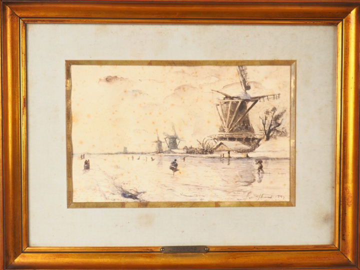 Johan-Barthold JONGKIND. "Patineurs en Hollande". Aquarelle, signée en