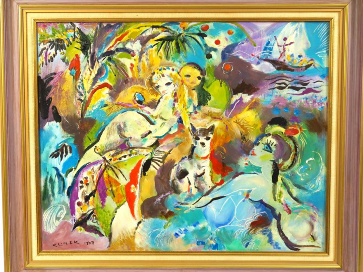 KLIMEK.  "Fête exotique" Huile sur toile, signée en bas à gauche et da