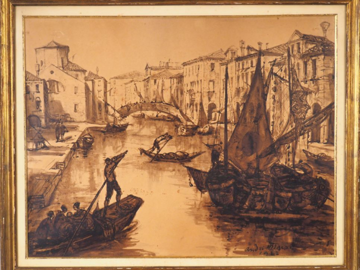 André MAIRE. "Gondoles à Venise". Lavis sur papier signé et daté en ba