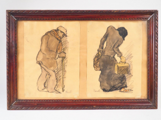 Vente aux enchères Isidro NONELL.  "Etude pour deux personnages". 2 dessins en couleur da
