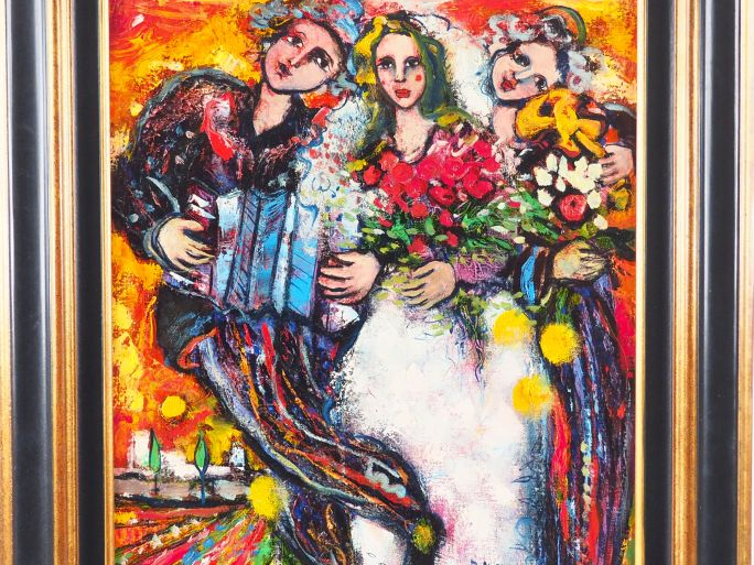 RAYA-SORKINE. "Scène de mariage". Huile sur toile, signée en bas à dro