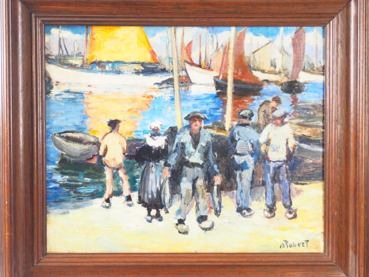 A. ROBERT. "Pêcheurs bretons sur le quai". Huile carton, signée en bas