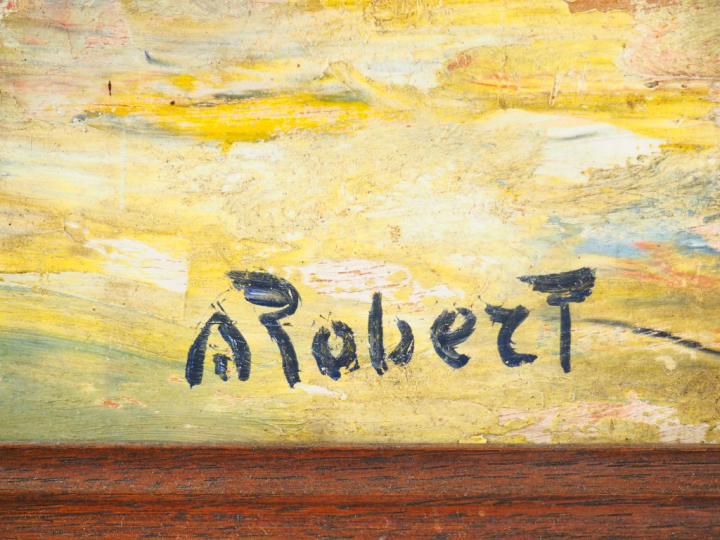 A. ROBERT. "Pêcheurs bretons sur le quai". Huile carton, signée en bas