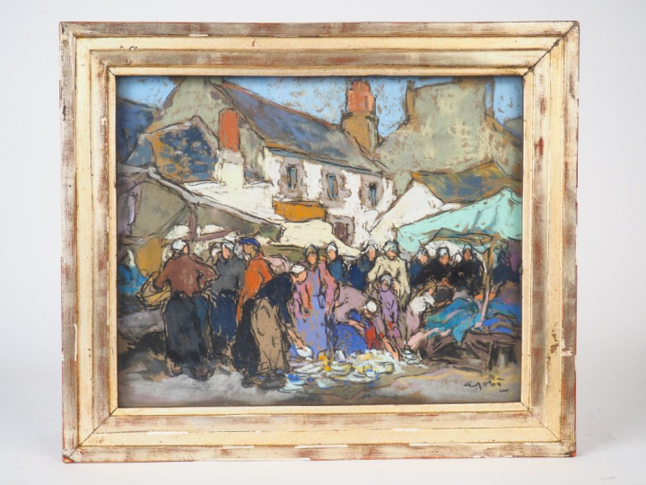 Ecole bretonne Xxème. "Le marché". Pastel signé en bas à droite. Dim. 