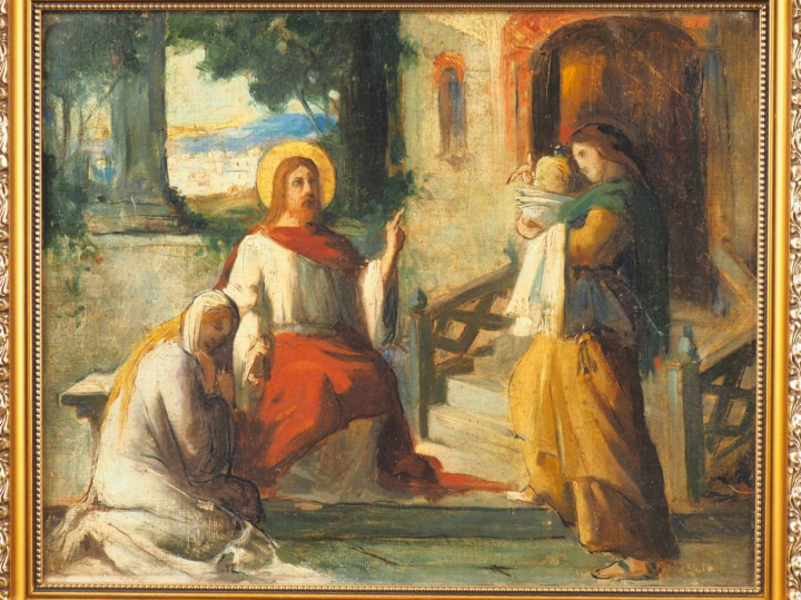 Ecole française vers 1880 "Le Christ chez Marthe et Marie" Huile sur t