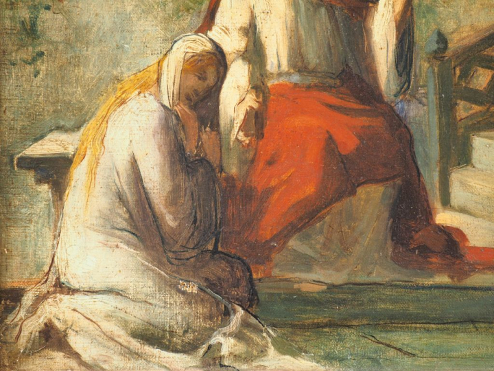 Ecole française vers 1880 "Le Christ chez Marthe et Marie" Huile sur t