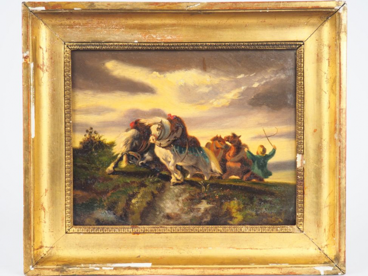 Ecole française XIXème. "Chevaux de labours". Huile sur carton Dim. 20