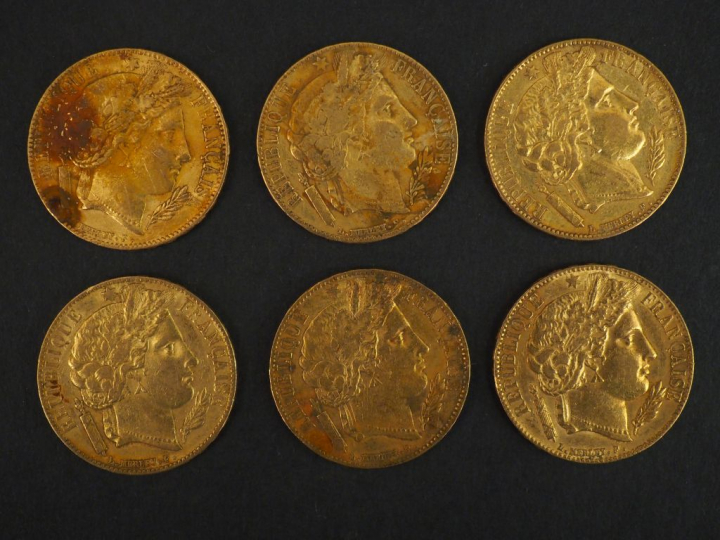 	Six pièces de 20 francs or, 1851-A.  FRAIS ACHETEURS 5% TTC.