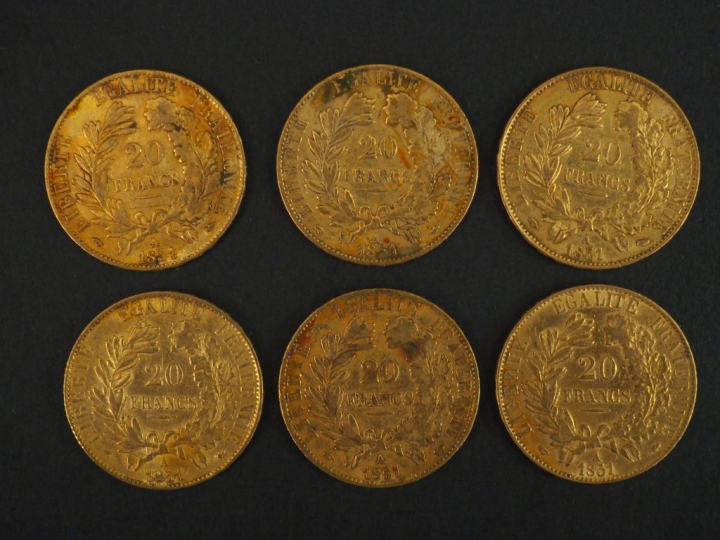 	Six pièces de 20 francs or, 1851-A.  FRAIS ACHETEURS 5% TTC.