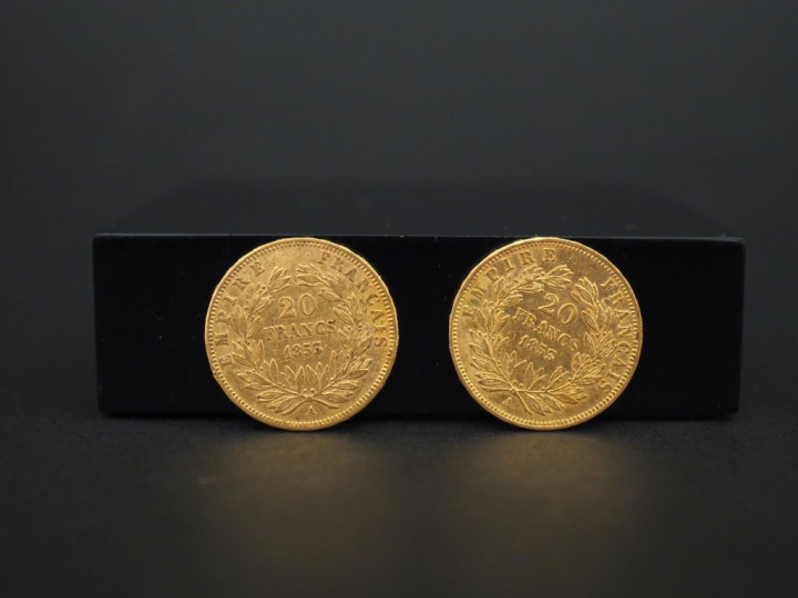 Deux pièces de 20 francs or, 1853-A.  FRAIS ACHETEURS 5% TTC.