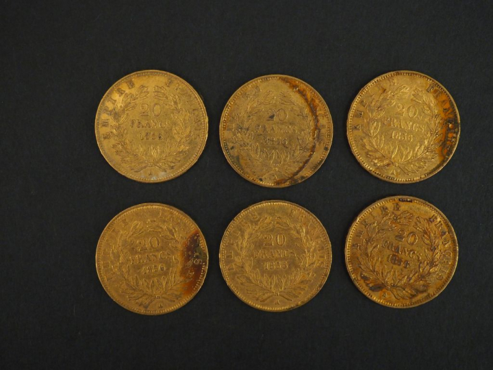	Six pièces de 20 francs or, 1856-A. FRAIS ACHETEURS 5% TTC.