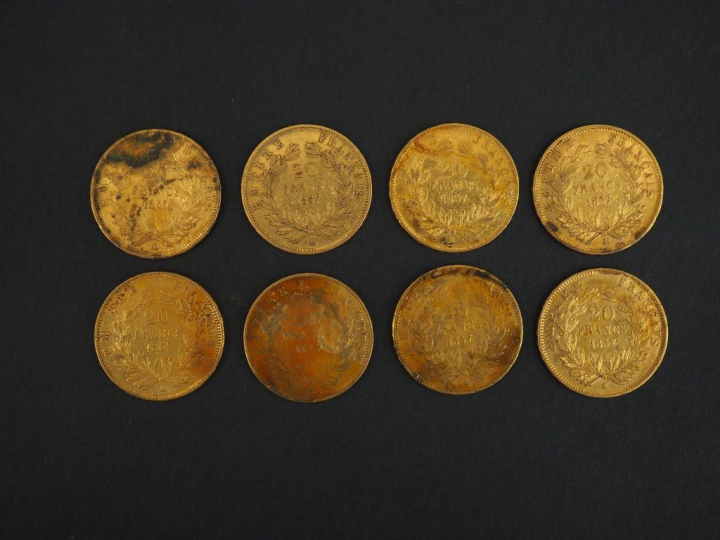 	Huit pièces de 20 francs or, 1857-A. FRAIS ACHETEURS 5% TTC.