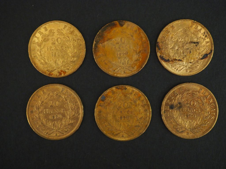 	Six pièces de 20 francs or, 1860-A et 1860-BB (x5). FRAIS ACHETEURS 5
