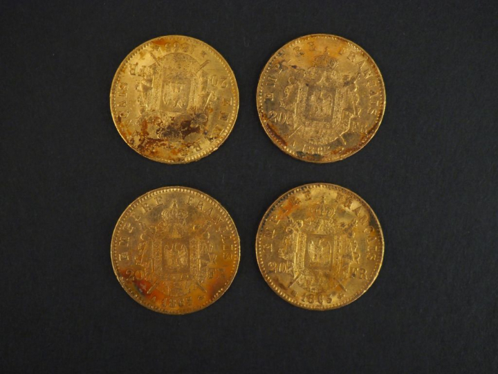 	Quatre pièces de 20 francs or, 1865-A (x2) et 1865-BB (x2). FRAIS ACH