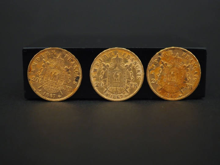 Trois pièces de 20 francs or, 1867-A (x2) et 1867-BB FRAIS ACHETEURS 5