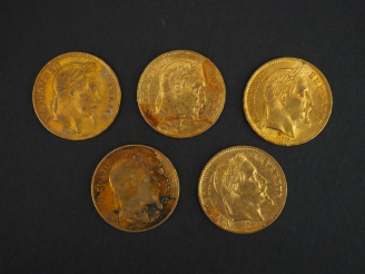 Vente aux enchères 	Cinq pièces de 20 francs or, 1868-A (x3) et 1868-BB (x2). FRAIS ACHET