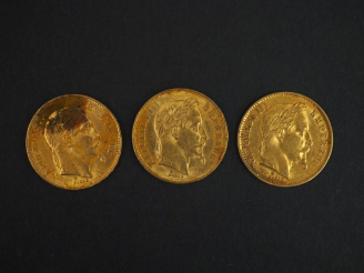 Vente aux enchères Trois pièces de 20 francs or, 1869-BB.  FRAIS ACHETEURS 5% TTC.