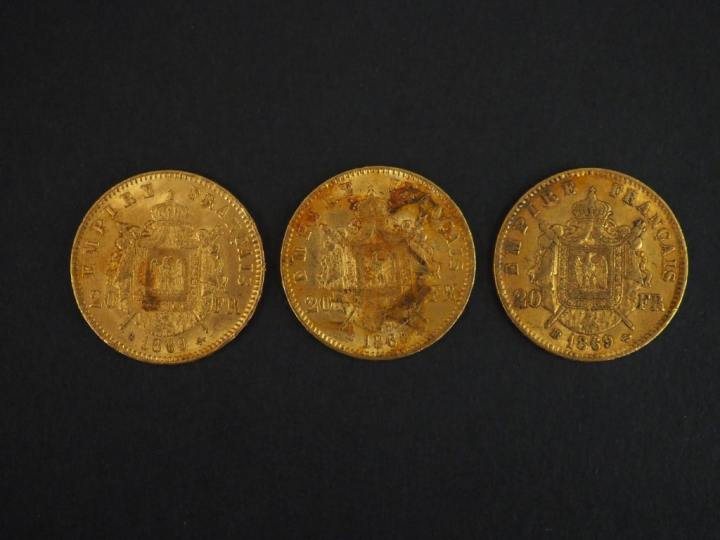 Trois pièces de 20 francs or, 1869-BB.  FRAIS ACHETEURS 5% TTC.