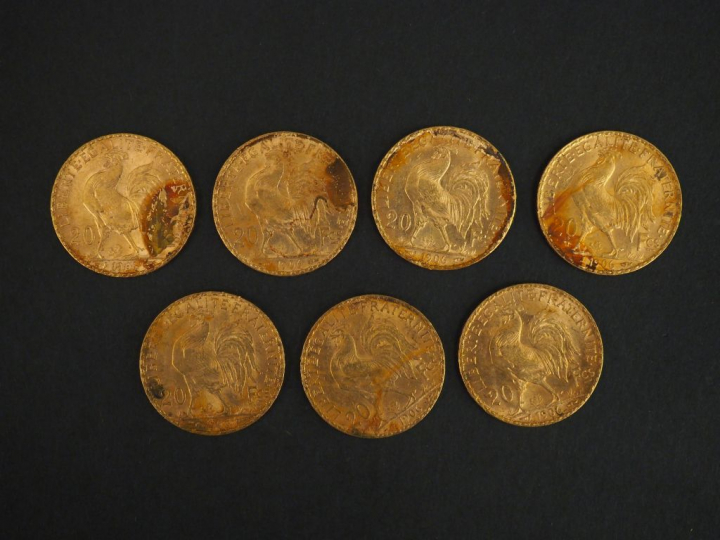 Sept pièces de 20 francs or, 1906. FRAIS ACHETEURS 5% TTC.