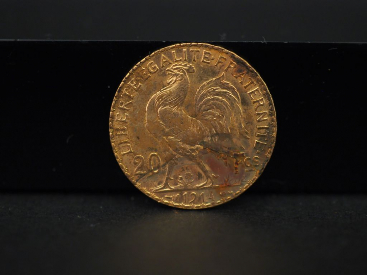 	Une pièce de 20 francs or, 1914. FRAIS ACHETEURS 5% TTC.