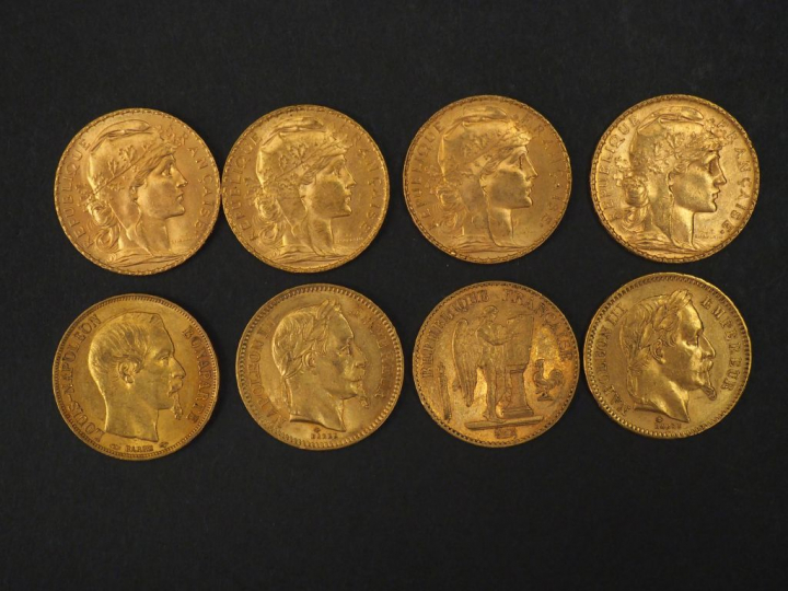 Huit pièces de 20 francs or, 1852-A, 1864-A, 1866-A, 1893-A, 1902, 190