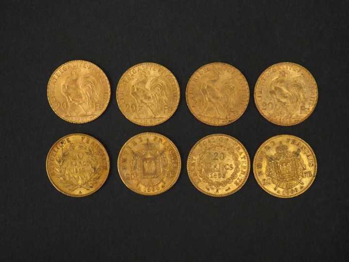 Huit pièces de 20 francs or, 1852-A, 1864-A, 1866-A, 1893-A, 1902, 190