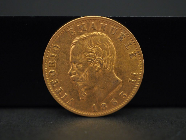 Une pièce de 20 Lire, Italie, 1863. FRAIS ACHETEURS 5% TTC.