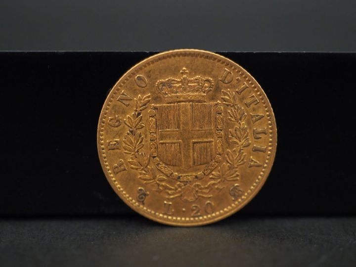 Une pièce de 20 Lire, Italie, 1863. FRAIS ACHETEURS 5% TTC.