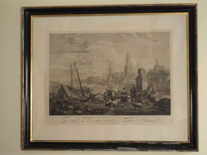 Gravure d'après Berghem "l'embarquement des vivres". Dim. 50 x 67 cm.