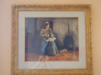 Vente aux enchères Ecole XXème.  'Jeune mère et sa petite fille'.  Aquarelle signée en ba