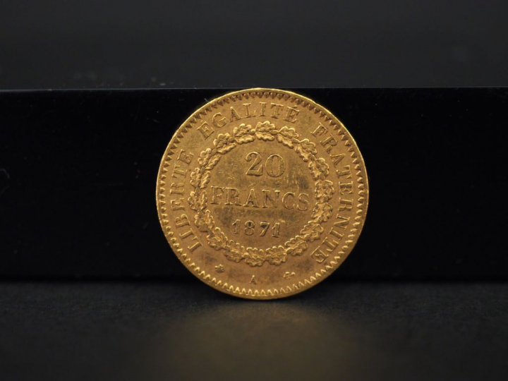 Une pièce de 20 francs or, 1871-A. FRAIS ACHETEURS 5% TTC.