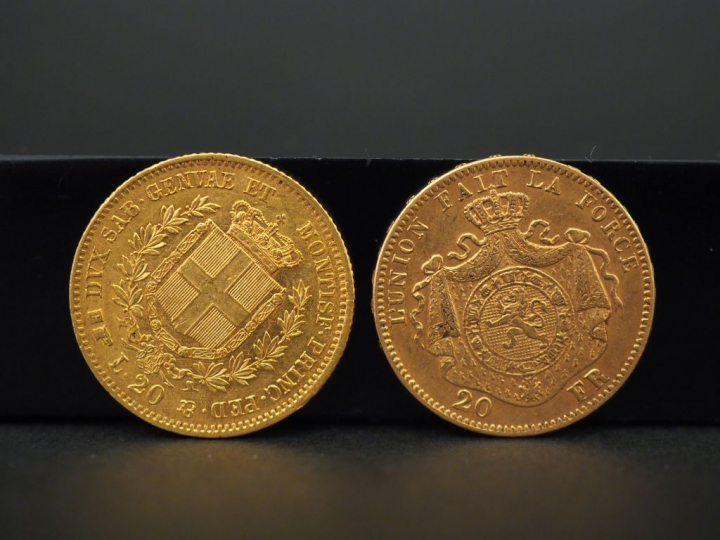 Ensemble comprenant : - une pièce de 20 francs or belge, 1874. - une p