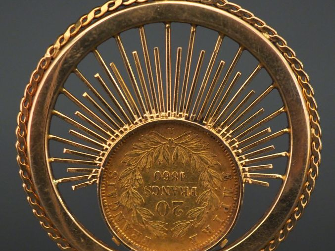 Pendentif en or jaune, sertie d’une pièce de 20 francs or, 1860-A. Jol