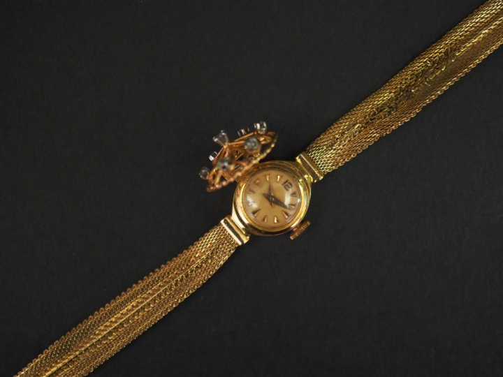 	Montre bracelet bijoux de femme, bracelet et boitier en or jaune. Boi