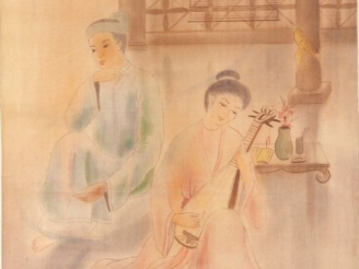 Vente aux enchères LE TUNG. "Scène galante". Aquarelle sur soie, signée en bas à droite  