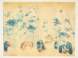 Vente aux enchères LE TOAN "Vie quotidenne au village". Aquarelle sur soie, signée en bas