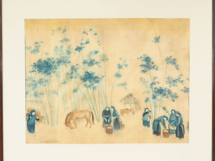 LE TOAN "Vie quotidenne au village". Aquarelle sur soie, signée en bas