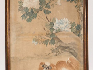 Vente aux enchères Encre et couleurs sur papier représentant un chien Shitsu sous un pivo