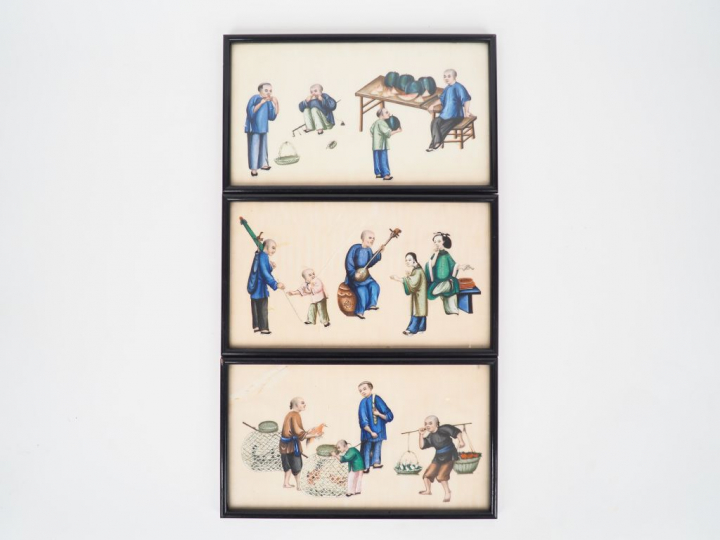 3 gouaches de Canton sur papier de riz figurant un marchand de pastèqu