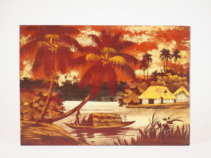 2 panneaux de laque "Paysage à la pagode" Dim. 24,5 x 35 cm