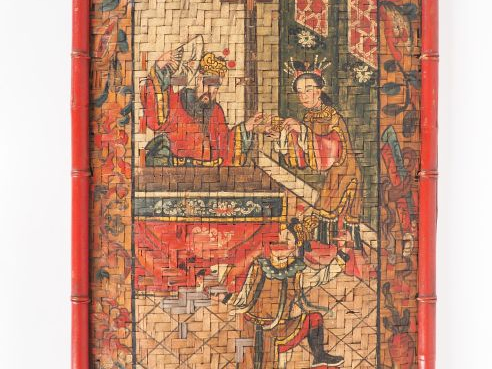 Ensemble de quatre panneaux en vannerie à décor laqué polychrome de sc