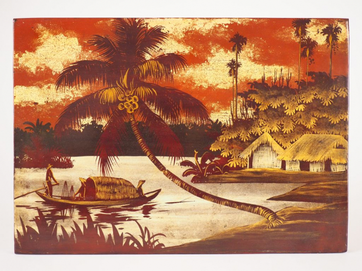 2 panneaux de laque "Paysage à la pagode" Dim. 24,5 x 35 cm